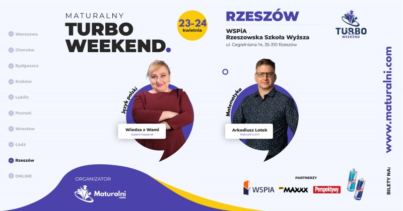 Infografika zawierająca informacje o wydarzeniu Turbo Weekend dlamaturzystów