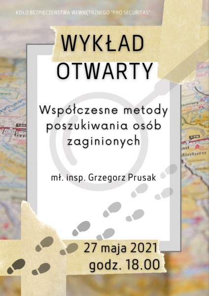 Plakat wykładu otwartego o tematyce współczesnych metod poszukiwania osób zaginionych